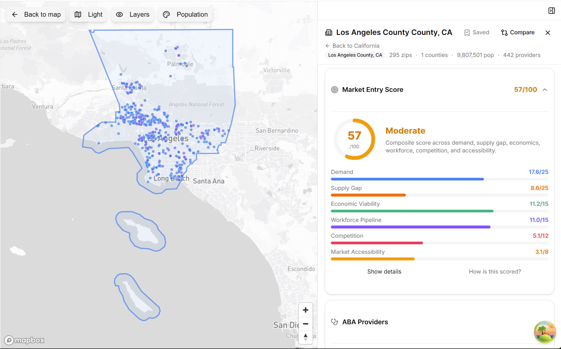 Clinivise Market Explorer showing provider density, workforce analytics, and market scoring for ABA clinic expansion planning